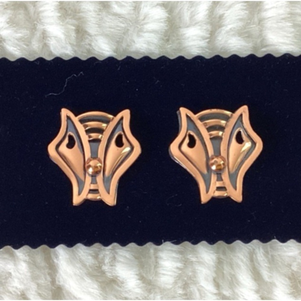 VTG Mid Century Art Deco Copper Metal Fox Animal Face Clip On Earrings Jewelry